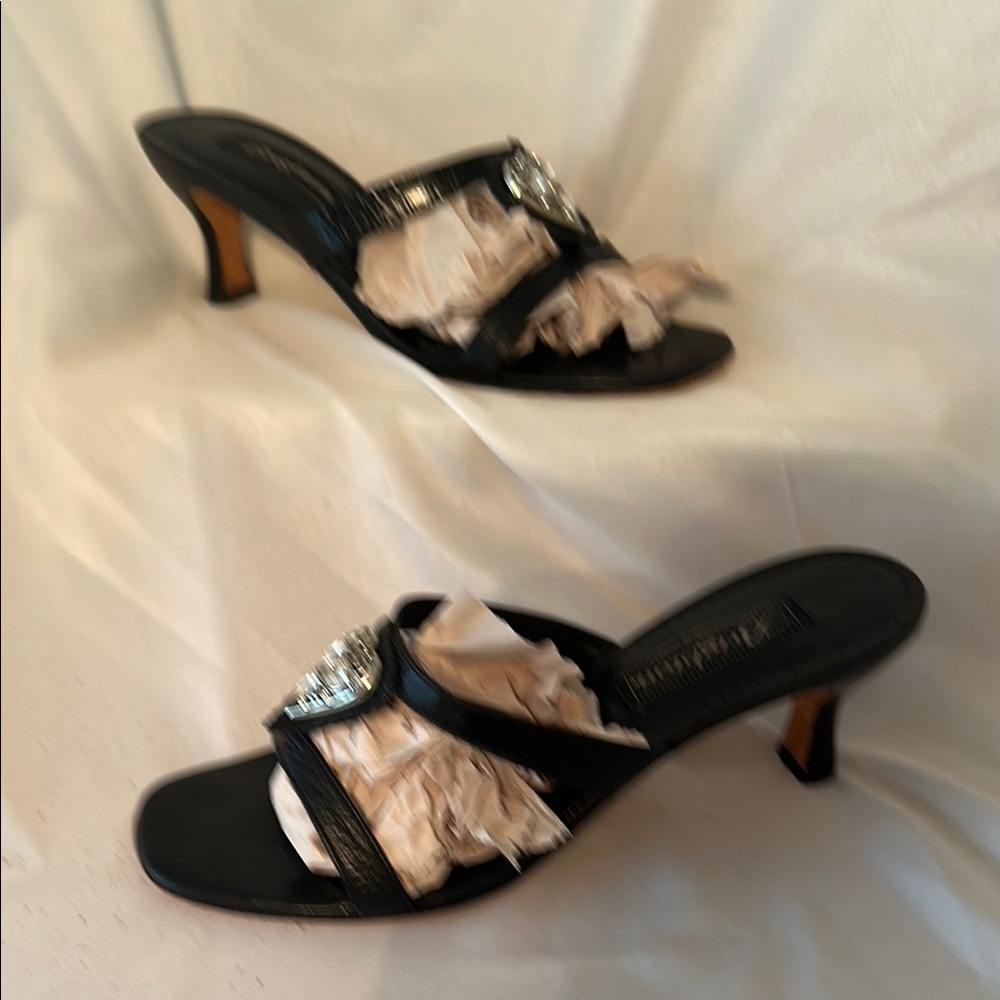 Brighton Black Heeled Sandals with Rhinestone Embellishments
